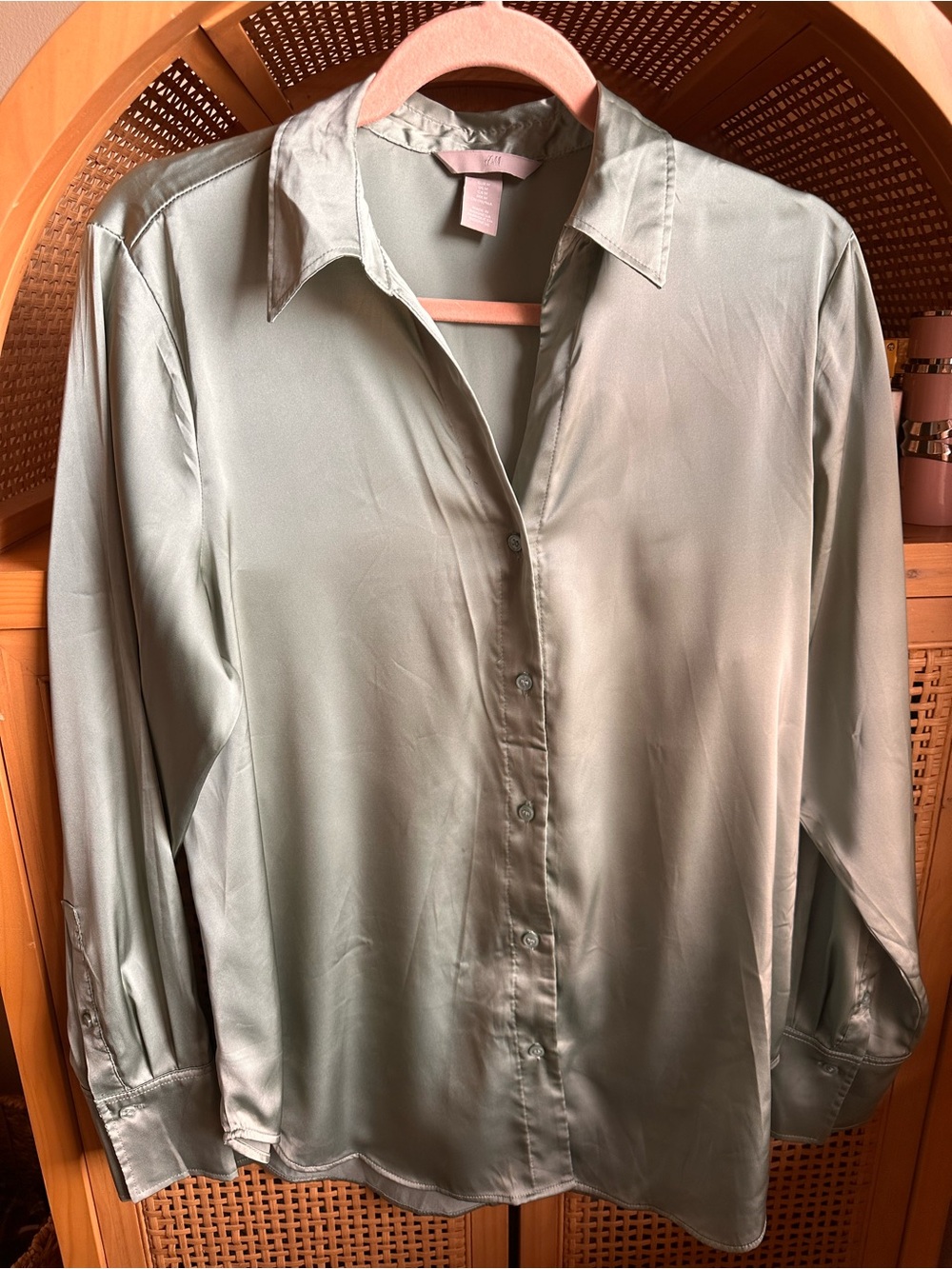 Satin Sage Green Button-Up Blouse